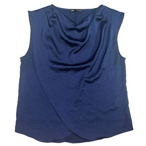 Zara Navy Blue Sleeveless Cowl Draped Neck Wrap Lightweight Loose Fit Blouse L
